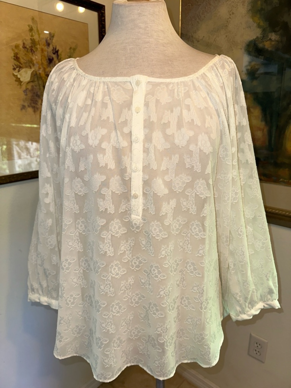 TOP - NWT Lauren Conrad Sheer White Floral Embroidered Peasant Blouse LARGE